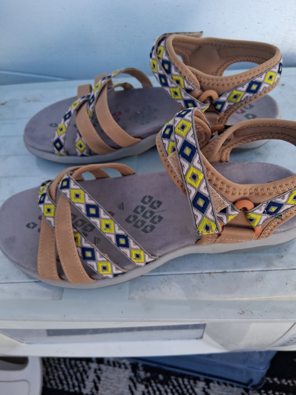 Women's Tan Sandals with Yellow & Navy Patterned Straps